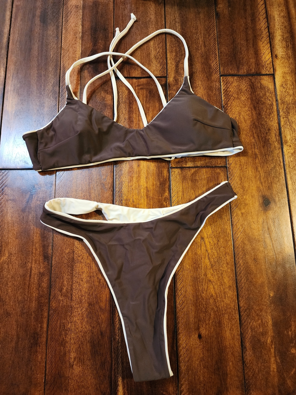 Women’s Brown And Cream Two-Piece Reversible Thong Bikini